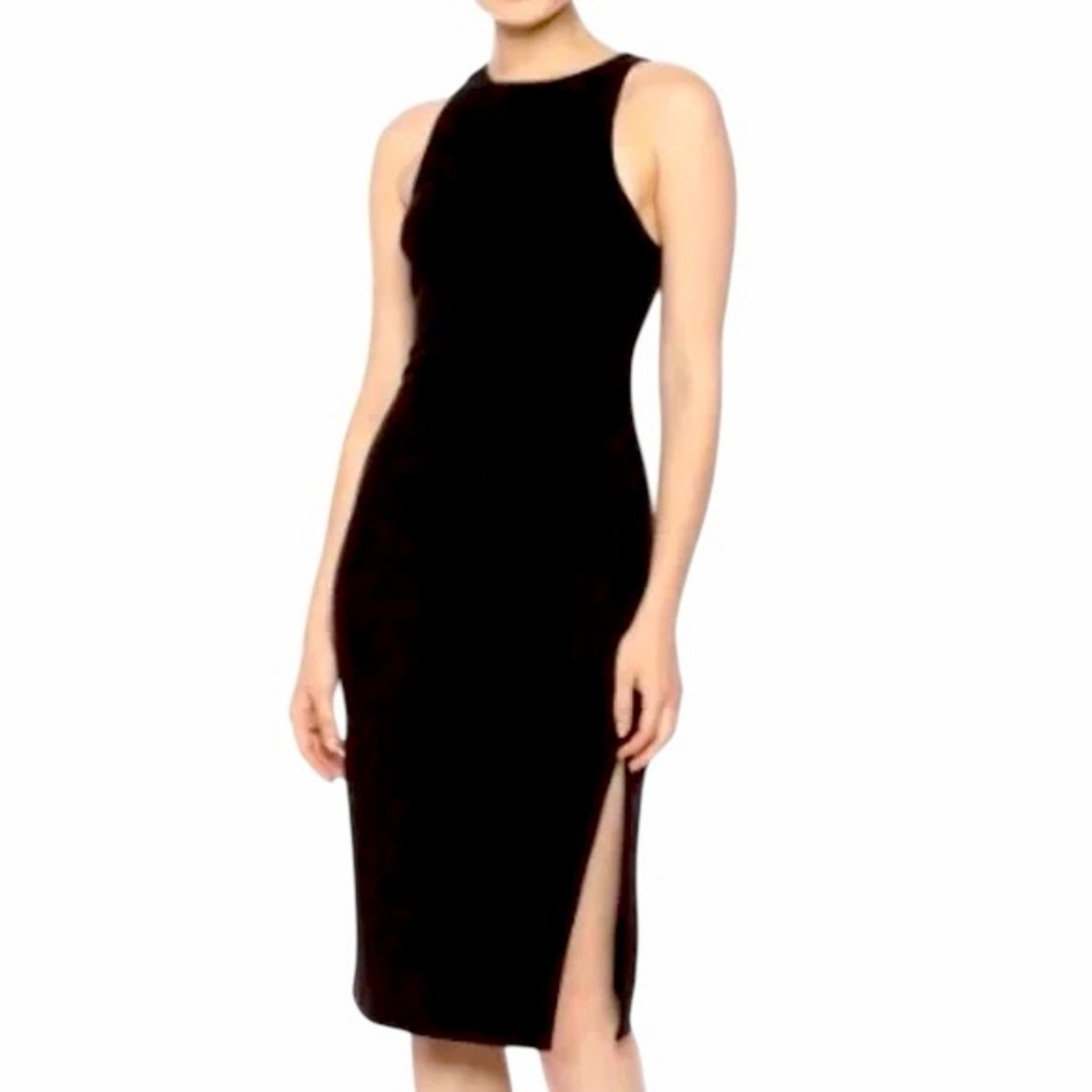 Likely High Neck Front Slit Form Fitting Black Dress 0102